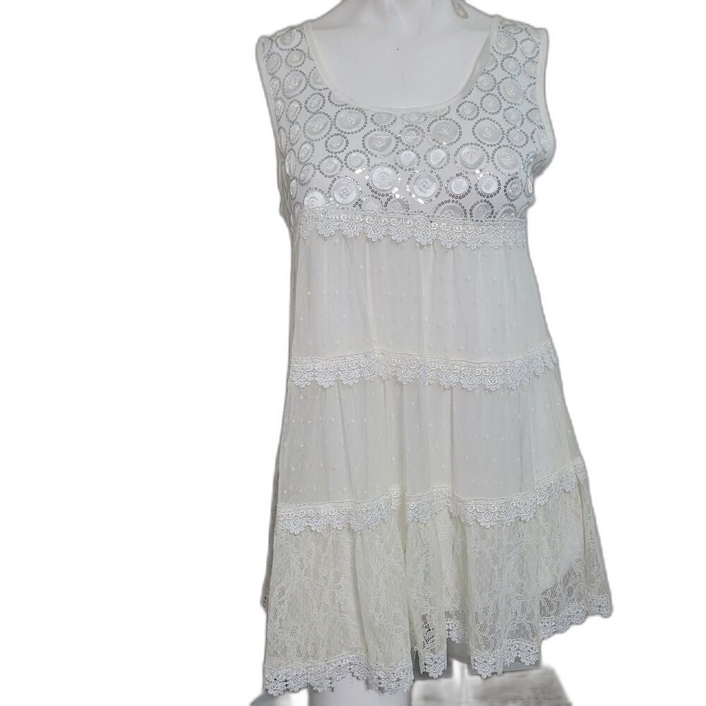 NEW Simply Couture S,M tunic top lace sheer lining sleeveless sequin white scoop